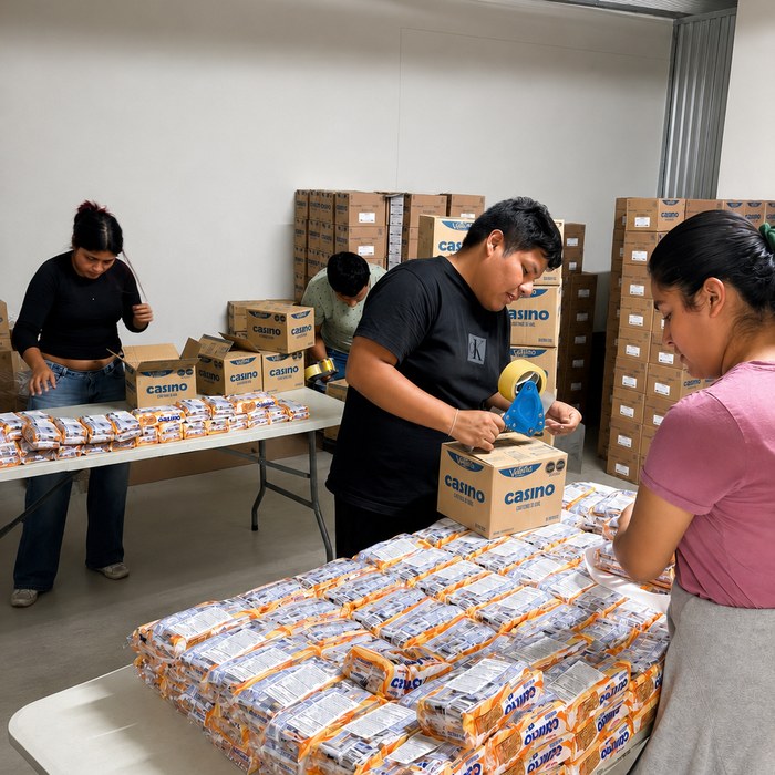 Equipo empacando productos en el almacen